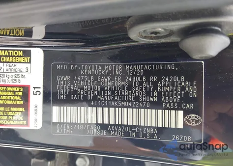 2021 Toyota Camry Le из США, поврежденный, VIN 4T1C11AK5MU422470